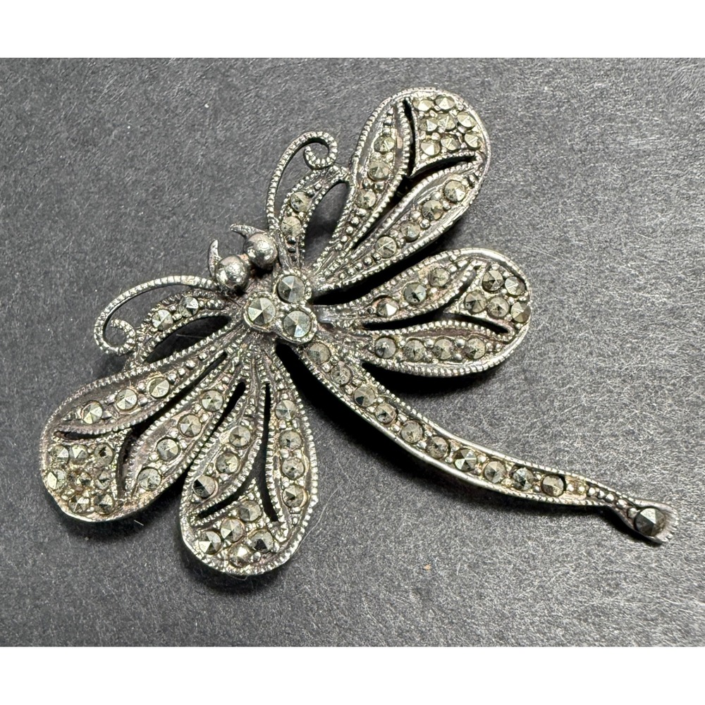 Vintage‎ Marcasite Dragonfly Brooch Womens Silver 925 Sterling Animal Pin